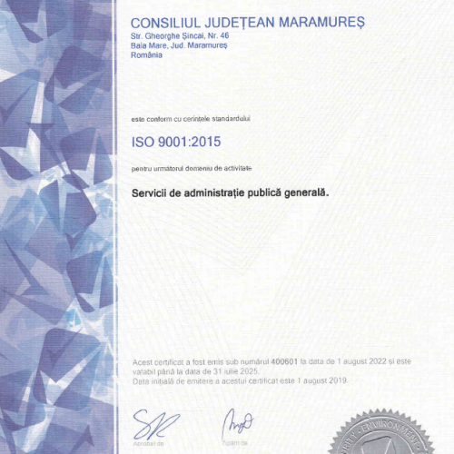 CONTINUITATE ÎN CALITATE ISO 9001:2015, LA CONSILIUL JUDEȚEAN MARAMUREȘ