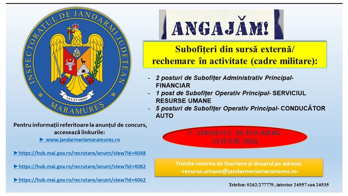 Jandarmeria Maramureș angajează subofițeri din sursă externă /rechemare în activitate (cadre militare)