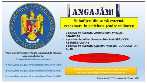 Jandarmeria Maramureș angajează subofițeri din sursă externă /rechemare în activitate (cadre militare)