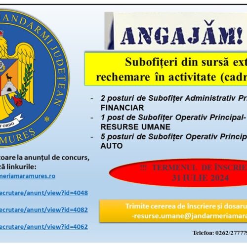 Jandarmeria Maramureș angajează subofițeri din sursă externă /rechemare în activitate (cadre militare)